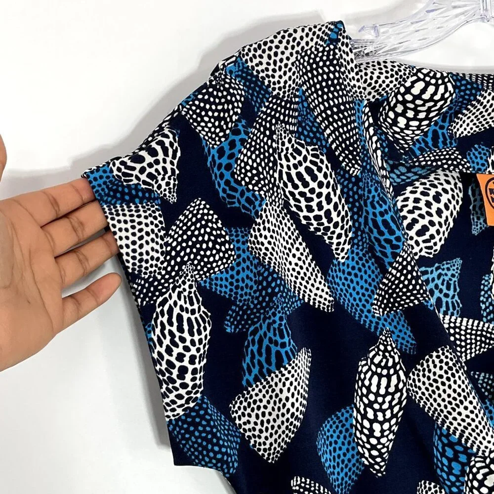 Tory Burch Dress Women XS Silk Blue‎ Seashell Polka Dot Short Sleeve V-Neck